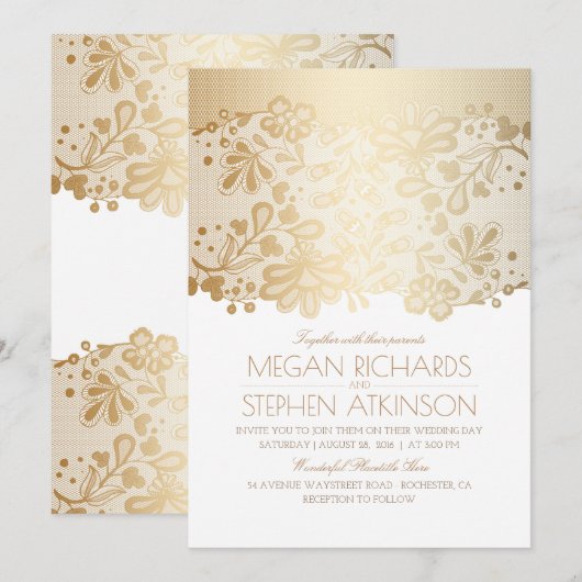 Gold Lace Elegant  Wit Huwelijk Kaart (Voorkant / Achterkant)
