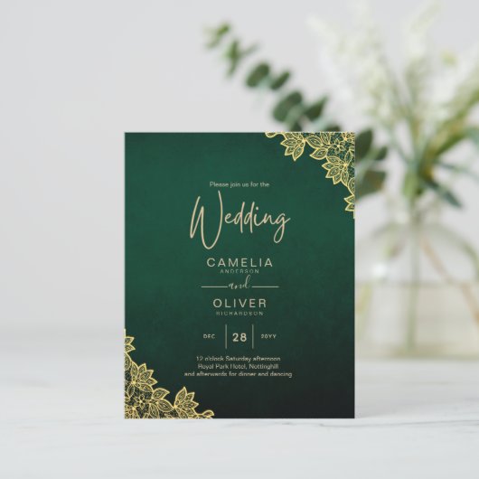 Gold Lace Emerald Green All-in-1 Wedding Invite QR (Staand voorkant)