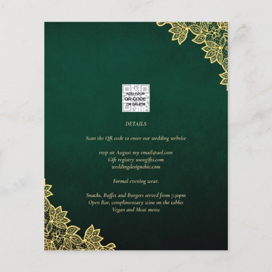 Gold Lace Emerald Green All-in-1 Wedding Invite QR (Achterkant)