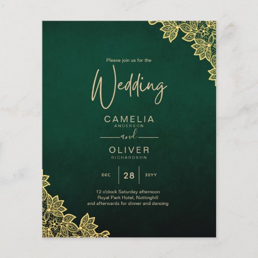 Gold Lace Emerald Green All-in-1 Wedding Invite QR (Voorkant)