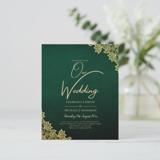 Gold Lace Emerald Green All-in-1 Wedding Invite QR (Staand voorkant)
