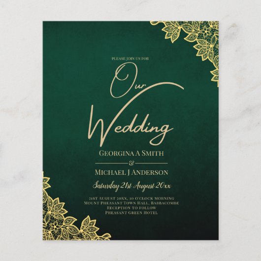 Gold Lace Emerald Green All-in-1 Wedding Invite QR (Voorkant)
