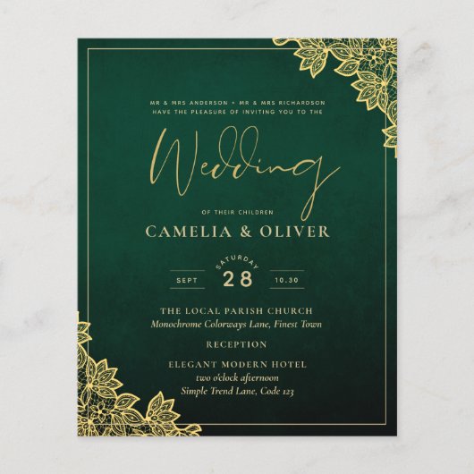Gold Lace Emerald Green All-in-1 Wedding Invite QR (Voorkant)