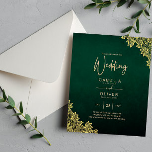 Gold Lace Emerald Green All-in-1 Wedding Invite QR