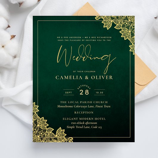Gold Lace Emerald Green All-in-1 Wedding Invite QR