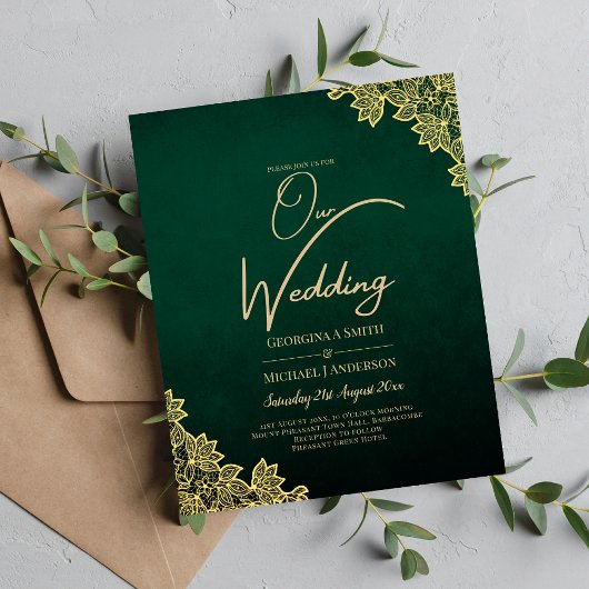 Gold Lace Emerald Green All-in-1 Wedding Invite QR