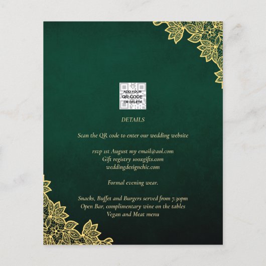 Gold Lace Emerald Green All-in-1 Wedding Invite QR Flyer (Achterkant)