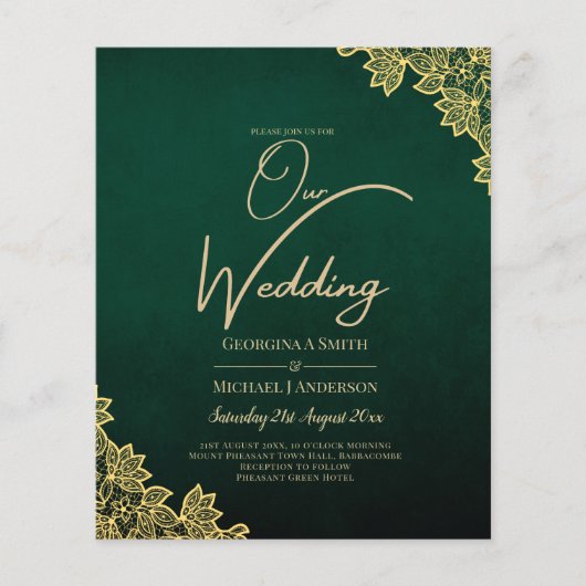 Gold Lace Emerald Green All-in-1 Wedding Invite QR Flyer (Voorkant)