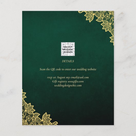 Gold Lace Emerald Green All-in-1 Wedding Invite QR Flyer (Achterkant)