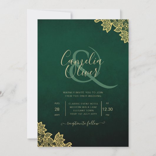 Gold Lace Emerald Green All-in-1 Wedding Invite QR Kaart (Voorkant)