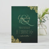 Gold Lace Emerald Green All-in-1 Wedding Invite QR Kaart (Staand voorkant)