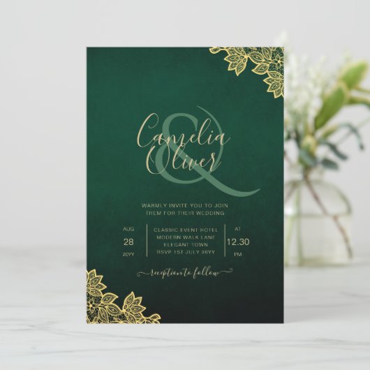 Gold Lace Emerald Green All-in-1 Wedding Invite QR Kaart (Staand voorkant)
