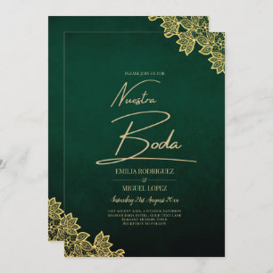 Gold Lace Emerald Green All-in-1 Wedding Invite QR Kaart