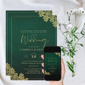 Gold Lace Emerald Green All-in-1 Wedding Invite QR Kaart