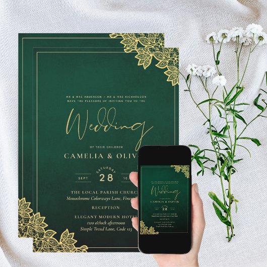 Gold Lace Emerald Green All-in-1 Wedding Invite QR Kaart
