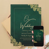 Gold Lace Emerald Green All-in-1 Wedding Invite QR Kaart