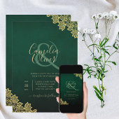 Gold Lace Emerald Green All-in-1 Wedding Invite QR Kaart
