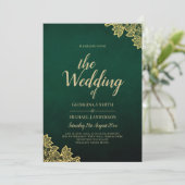 Gold Lace Emerald Green All-in-1 Wedding Invite QR Kaart (Staand voorkant)