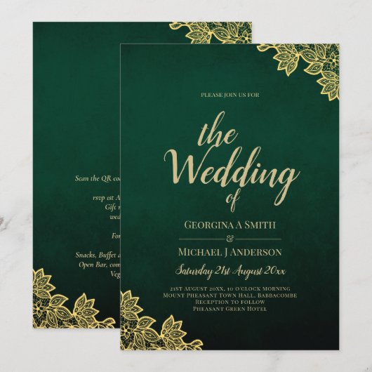 Gold Lace Emerald Green All-in-1 Wedding Invite QR Kaart (Voorkant / Achterkant)