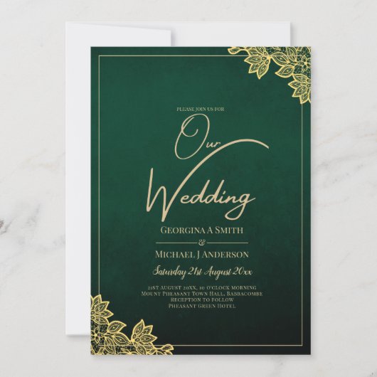 Gold Lace Emerald Green All-in-1 Wedding Invite QR Kaart (Voorkant)