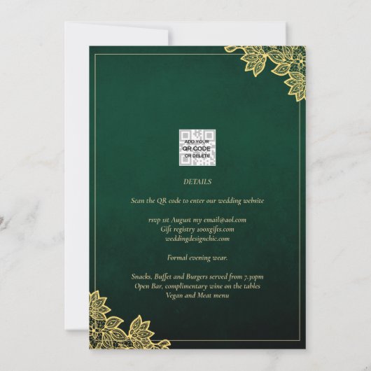 Gold Lace Emerald Green All-in-1 Wedding Invite QR Kaart (Achterkant)