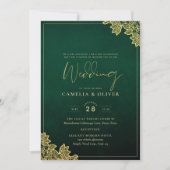Gold Lace Emerald Green All-in-1 Wedding Invite QR Kaart (Voorkant)