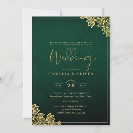 Gold Lace Emerald Green All-in-1 Wedding Invite QR Kaart (Voorkant)