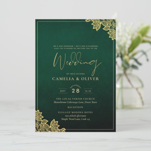 Gold Lace Emerald Green All-in-1 Wedding Invite QR Kaart (Staand voorkant)