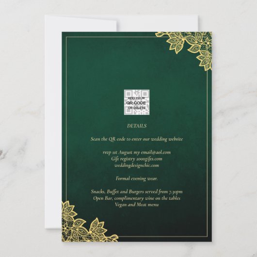 Gold Lace Emerald Green All-in-1 Wedding Invite QR Kaart (Achterkant)