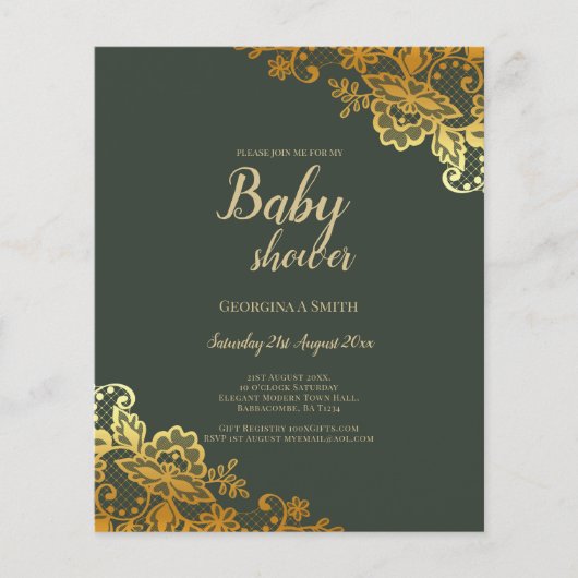 Gold Lace Emerald Green Baby shower Flyer (Voorkant)