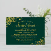 Gold Lace Emerald Green Wedding Rehearsal Dinner Folie Uitnodiging (Staand Voorkant)