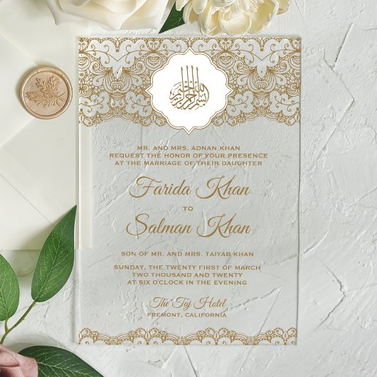 Gold Lace Islamic Muslim Wedding Acryl Uitnodigingen