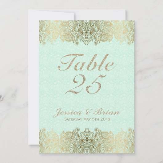 Gold Lace & Mint-Green Wedding Table Number Kaart (Voorkant)