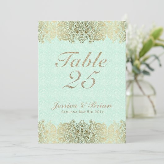 Gold Lace & Mint-Green Wedding Table Number Kaart (Staand voorkant)