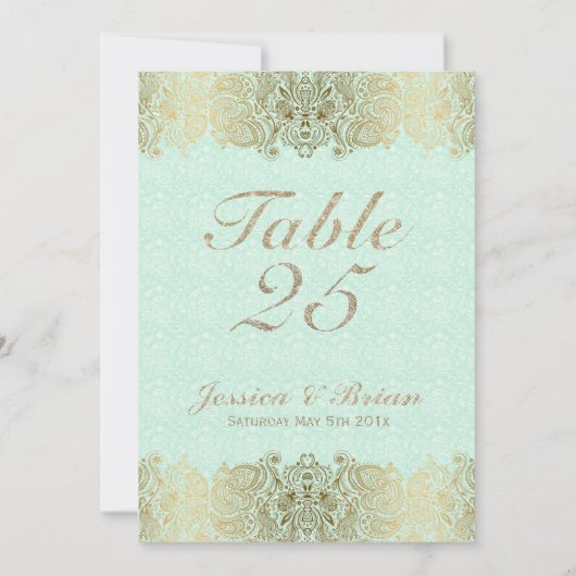 Gold Lace & Mint-Green Wedding Table Number Kaart (Achterkant)