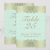 Gold Lace & Mint-Green Wedding Table Number Kaart (Voorkant / Achterkant)