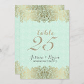 Gold Lace & Mint-Green Wedding Table Number Kaart (Voorkant / Achterkant)