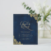 Gold Lace Navy Blue All-in-1 Wedding nodigt QR Co (Staand voorkant)