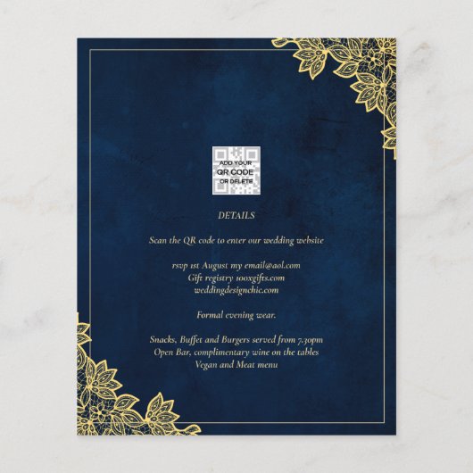 Gold Lace Navy Blue All-in-1 Wedding nodigt QR Co (Achterkant)