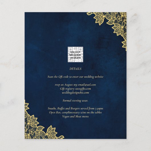 Gold Lace Navy Blue All-in-1 Wedding nodigt QR Co Flyer (Achterkant)