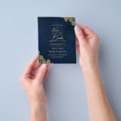 Gold Lace Navy Blue All-in-1 Wedding nodigt QR Co Flyer (Hand)