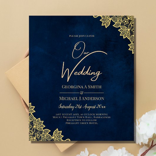 Gold Lace Navy Blue All-in-1 Wedding nodigt QR Co Flyer