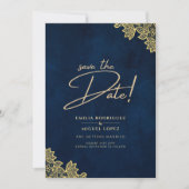 Gold Lace Navy Blue All-in-1 Wedding nodigt QR Co Kaart (Voorkant)