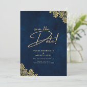 Gold Lace Navy Blue All-in-1 Wedding nodigt QR Co Kaart (Staand voorkant)