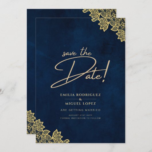 Gold Lace Navy Blue All-in-1 Wedding nodigt QR Co Kaart (Voorkant / Achterkant)