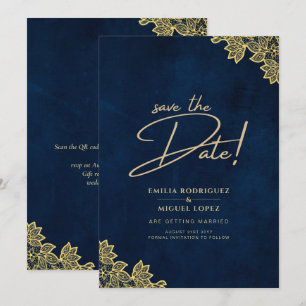 Gold Lace Navy Blue All-in-1 Wedding nodigt QR Co Kaart