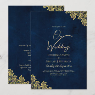 Gold Lace Navy Blue All-in-1 Wedding nodigt QR Co Kaart