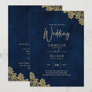 Gold Lace Navy Blue All-in-1 Wedding nodigt QR Co Kaart