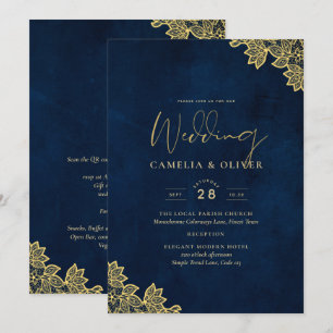 Gold Lace Navy Blue All-in-1 Wedding nodigt QR Co Kaart