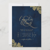 Gold Lace Navy Blue All-in-1 Wedding nodigt QR Co Kaart (Voorkant)